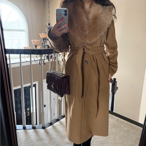 MK Michael Kors belted Woolf face fur collar coat camel brown xs classic beauty - Picture 10 of 12